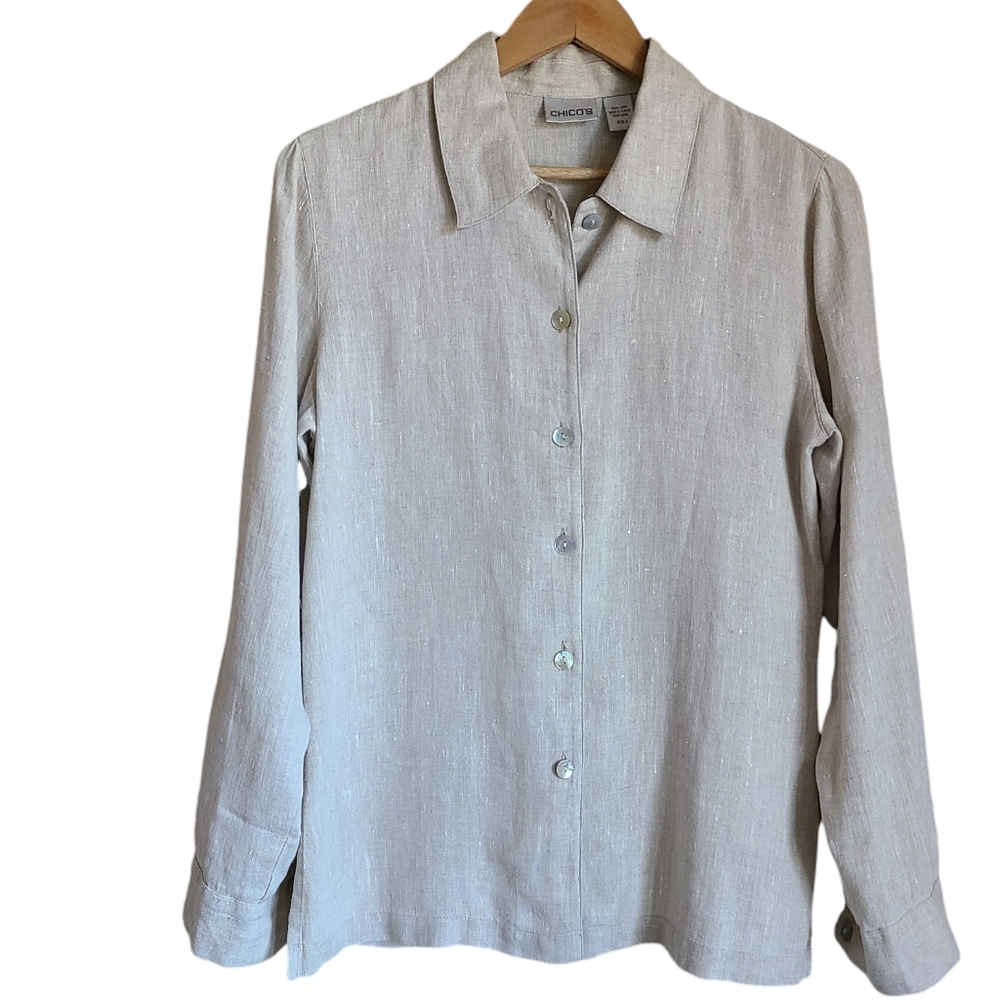 chicos linen button up blouse long sleeve womens size S/M